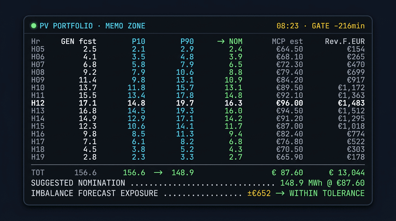 Sample 24-hour solar nomination table showing hourly generation forecast, P10 and P90 bands, suggested nomination, market clearing price estimate, and revenue forecast for a multi-MW portfolio