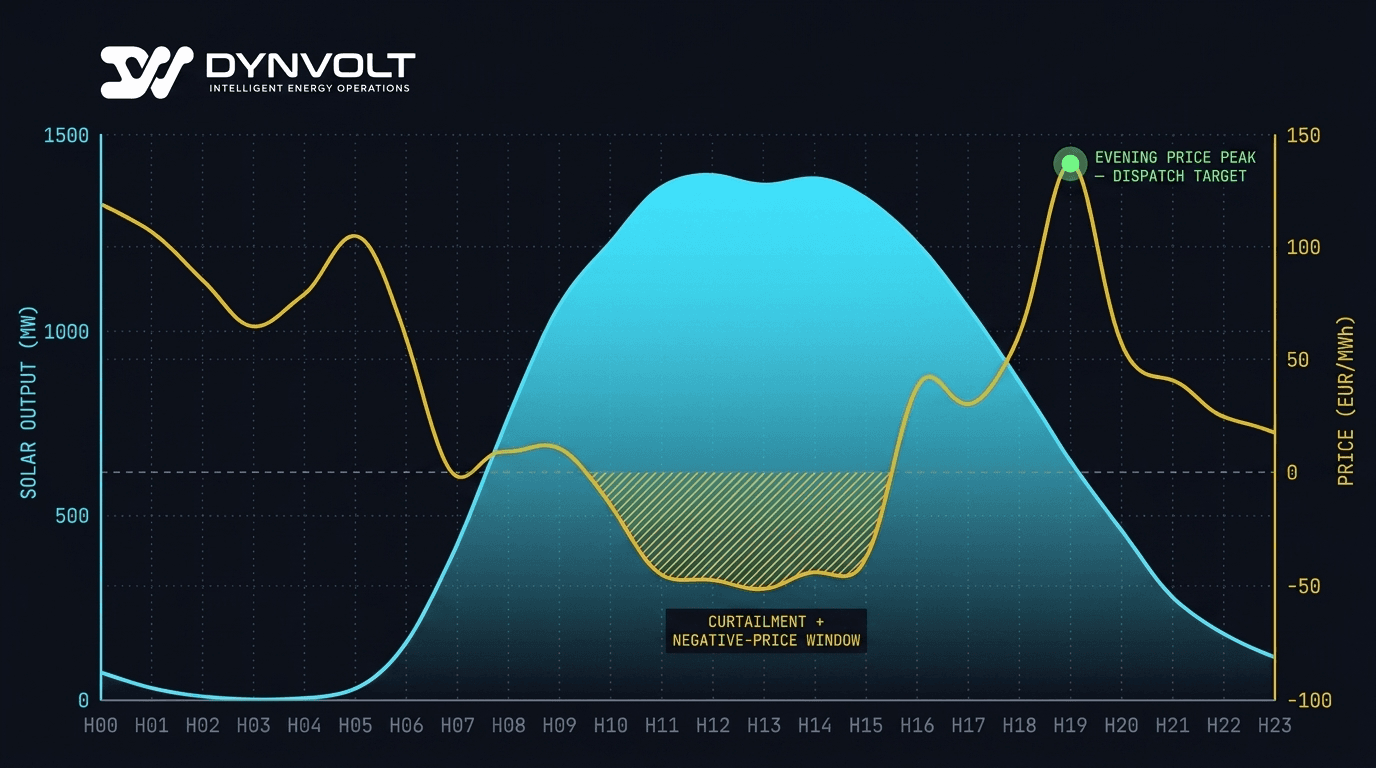 A 24-hour overlay chart showing a solar production profile peaking at midday against a day-ahead price curve that dips toward and below zero during the same midday hours, with the overlap region shaded to mark the curtailment-and-negative-price window, and an evening price peak highlighted as the dispatch target