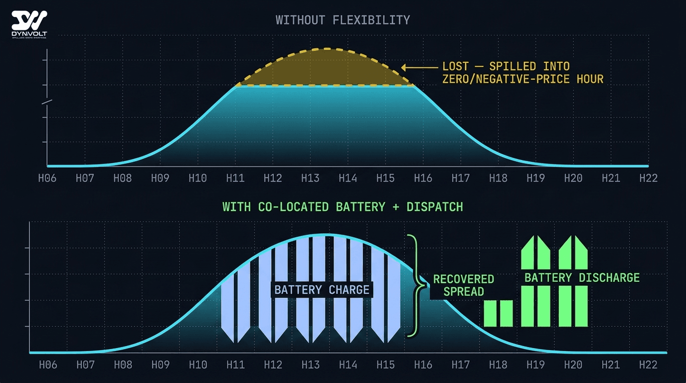 A before-and-after dispatch chart for a single sunny day: 'before' shows a solar profile with a chunk clipped off during the midday negative-price window, labelled lost revenue; 'after' shows the same clipped energy redrawn as battery charge during midday and battery discharge stacked onto the evening peak, with the recovered spread highlighted